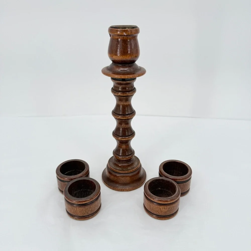 Carved Wood Candlestick Removable Napkin Ring Set Vintage‎ MCM Table Decor Brown